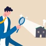 Searching for new house, look for real estate and accommodation valuation or new rent and mortgage concept, smart businessman using magnifying glass zooming to see house or residential details.